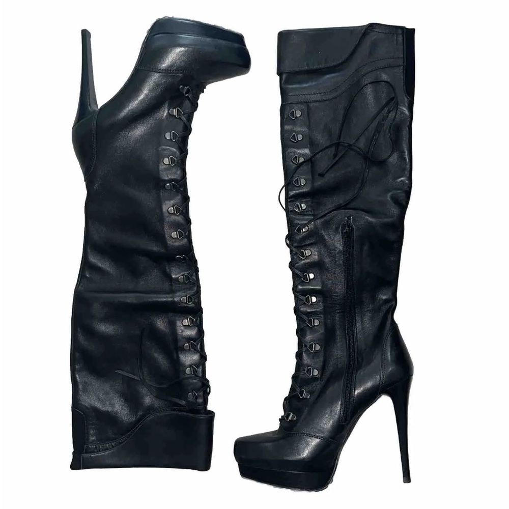 Stuart Weitzman COMBAT OTK Thigh High Black Leather Lace-Up Platform 8.5 VTG HTF